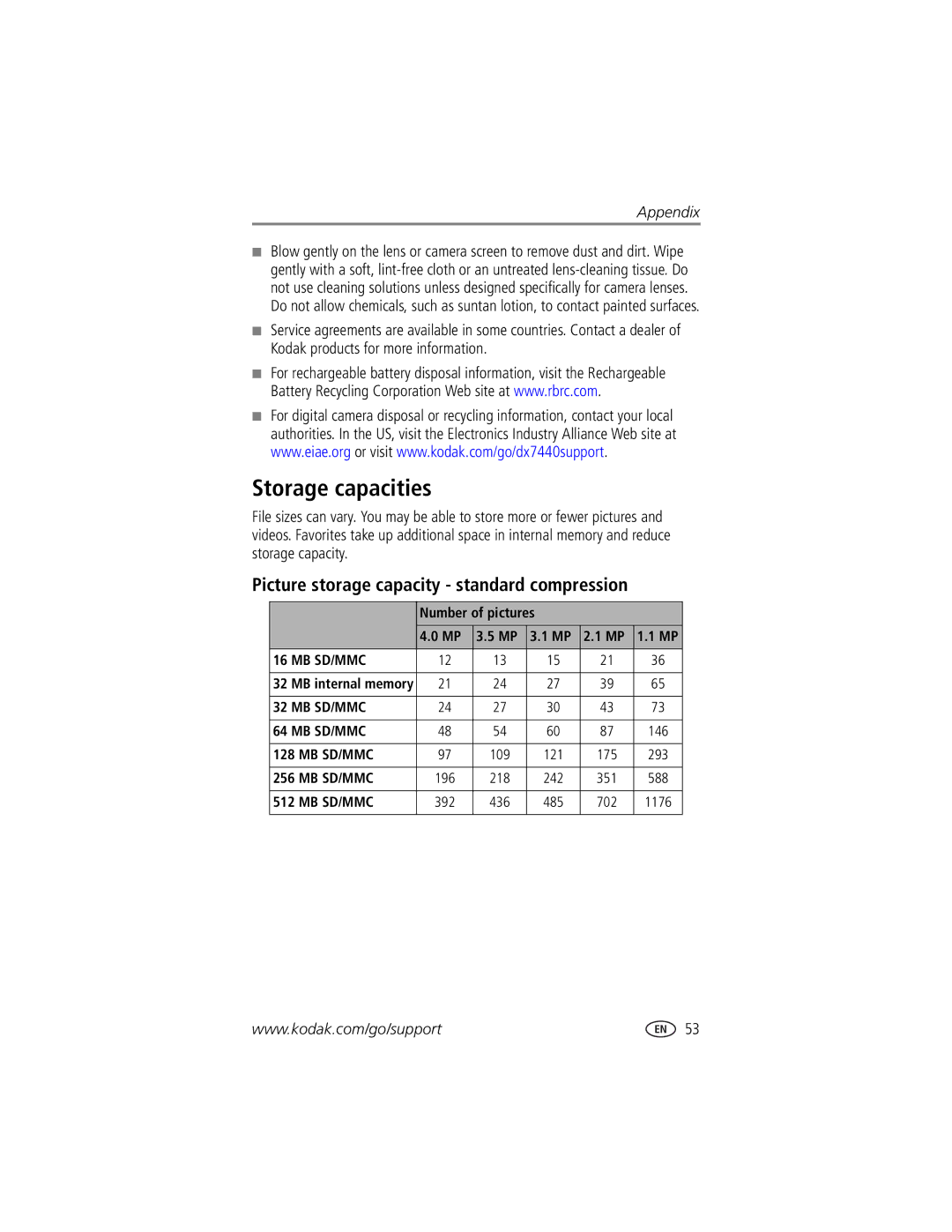 Kodak DX7440 manual Storage capacities, Picture storage capacity standard compression, Number of pictures 