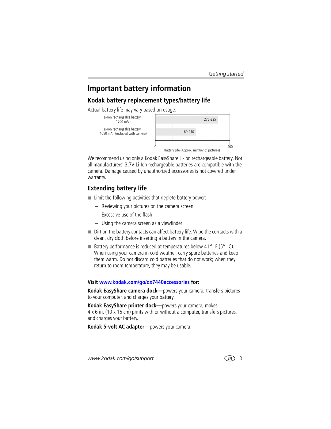 Kodak DX7440 manual Important battery information, Kodak battery replacement types/battery life, Extending battery life 