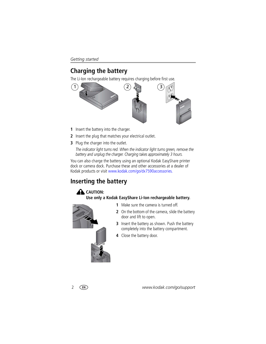 Kodak DX7590 manual Charging the battery, Inserting the battery, Close the battery door 