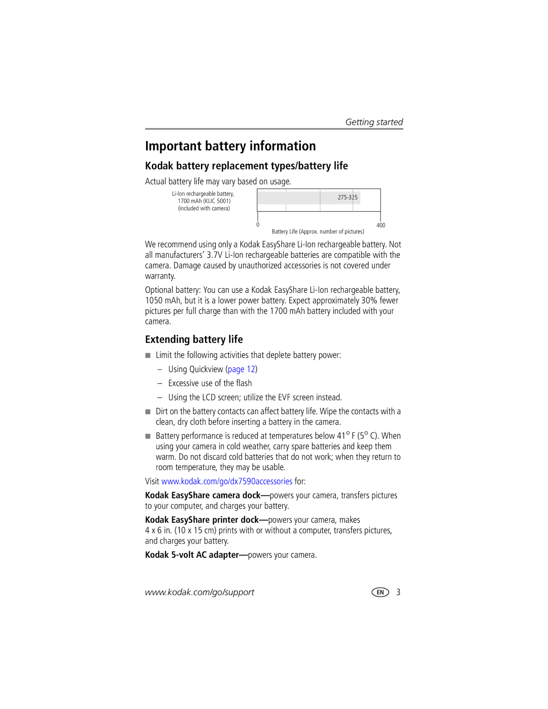 Kodak DX7590 manual Important battery information, Kodak battery replacement types/battery life, Extending battery life 