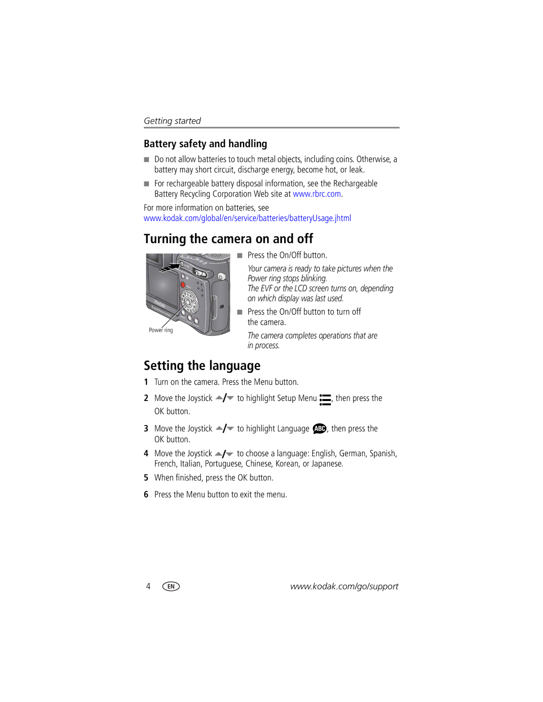 Kodak DX7590 Turning the camera on and off, Setting the language, Battery safety and handling, Press the On/Off button 