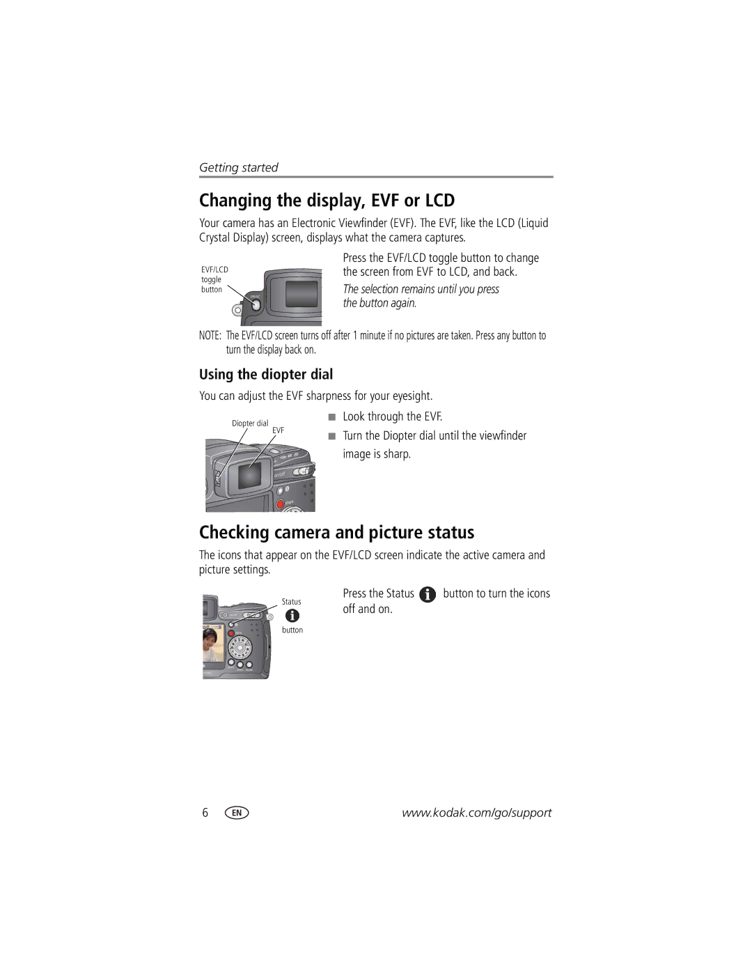 Kodak DX7590 manual Changing the display, EVF or LCD, Checking camera and picture status, Using the diopter dial 