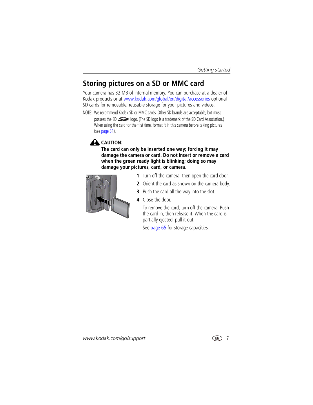 Kodak DX7590 manual Storing pictures on a SD or MMC card, Push the card all the way into the slot Close the door 