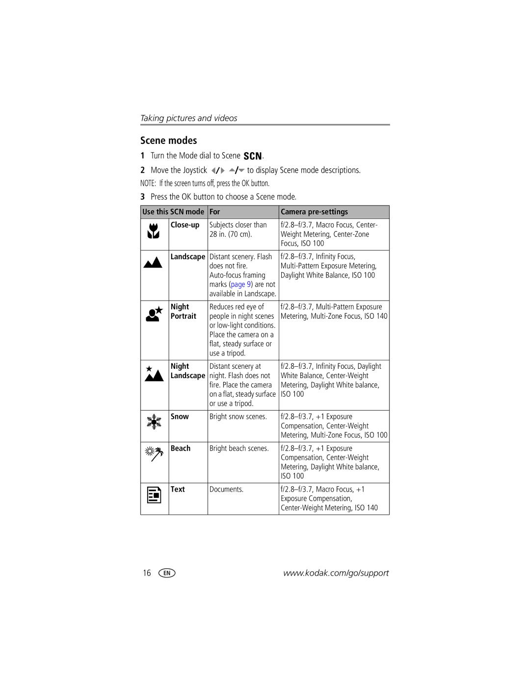 Kodak DX7590 manual Scene modes, Turn the Mode dial to Scene, Press the OK button to choose a Scene mode 