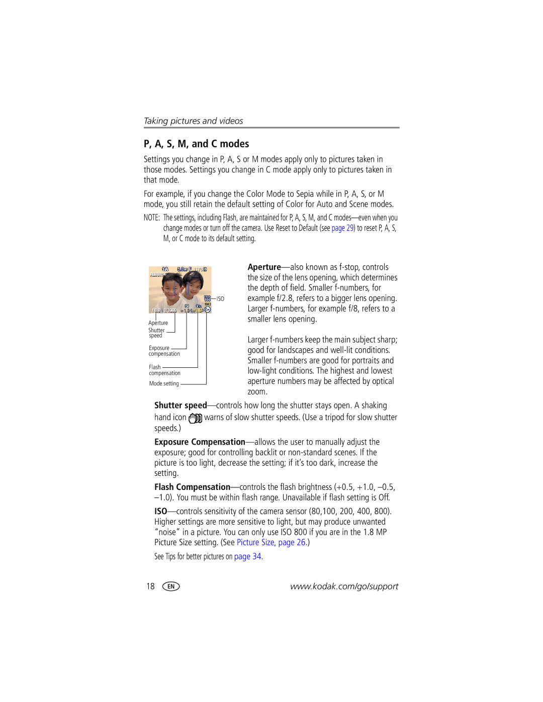 Kodak DX7590 manual S, M, and C modes, See Tips for better pictures on 