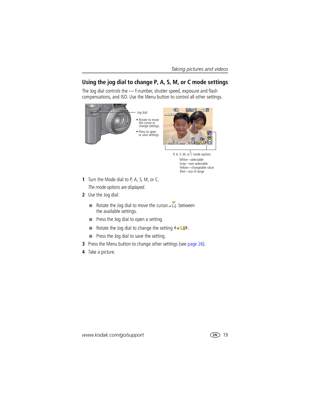 Kodak DX7590 manual Using the jog dial to change P, A, S, M, or C mode settings 