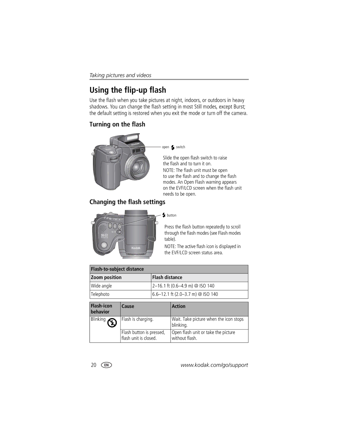 Kodak DX7590 manual Using the flip-up flash, Turning on the flash, Flash-to-subject distance, Flash distance 