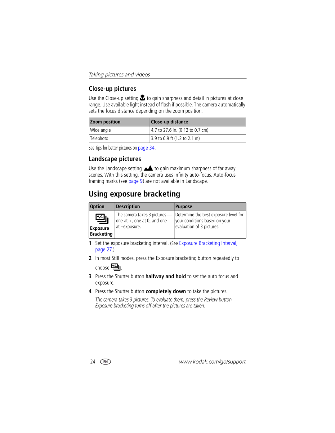 Kodak DX7590 manual Using exposure bracketing, Close-up pictures, Landscape pictures, Zoom position Close-up distance 