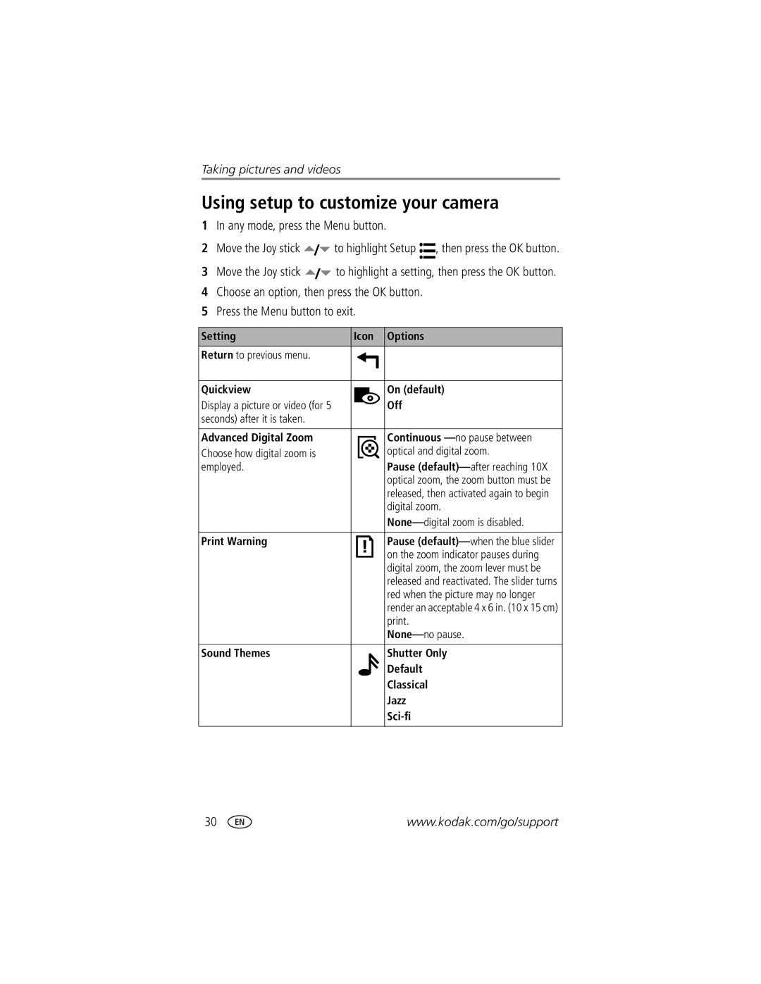 Kodak DX7590 manual Using setup to customize your camera, Any mode, press the Menu button 