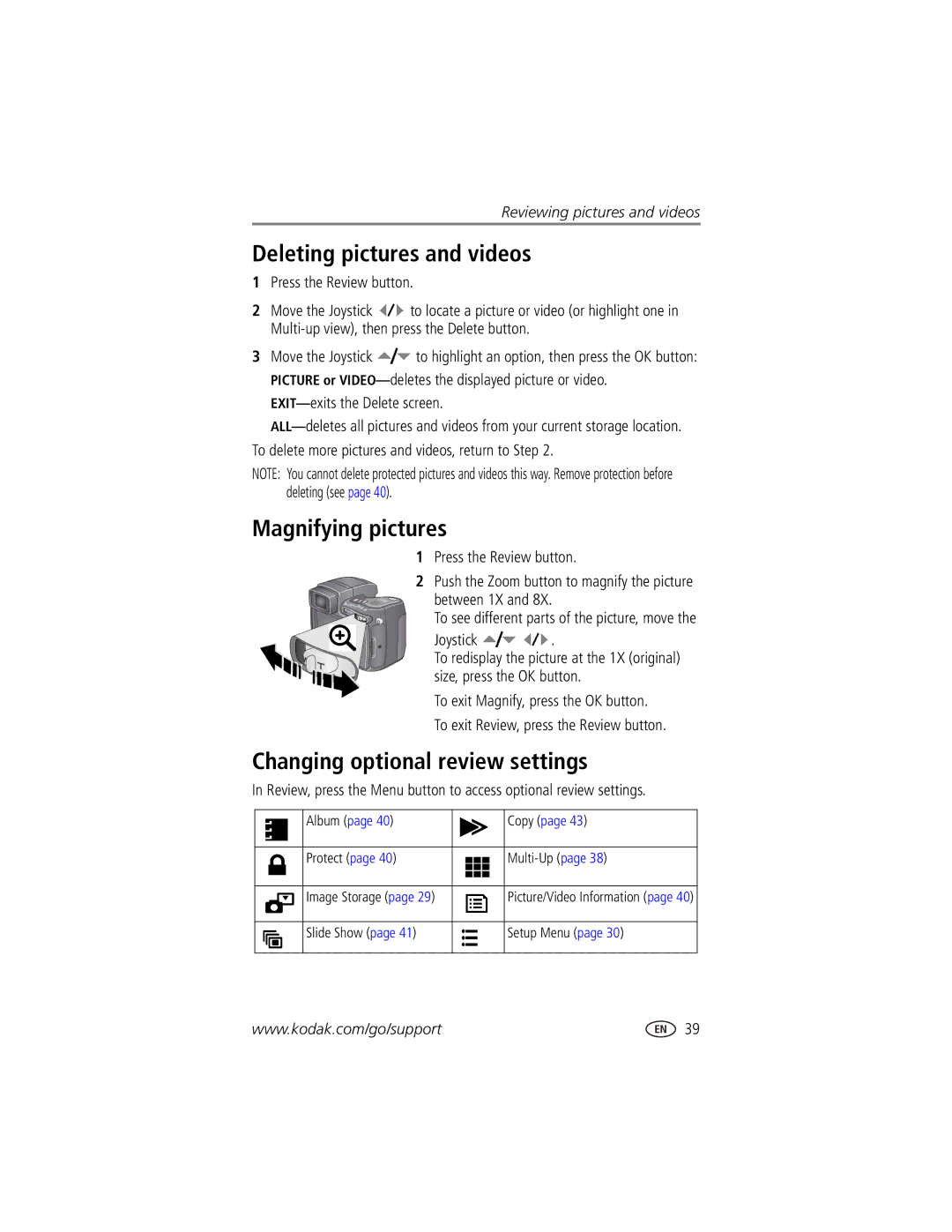 Kodak DX7590 manual Deleting pictures and videos, Magnifying pictures, Changing optional review settings 