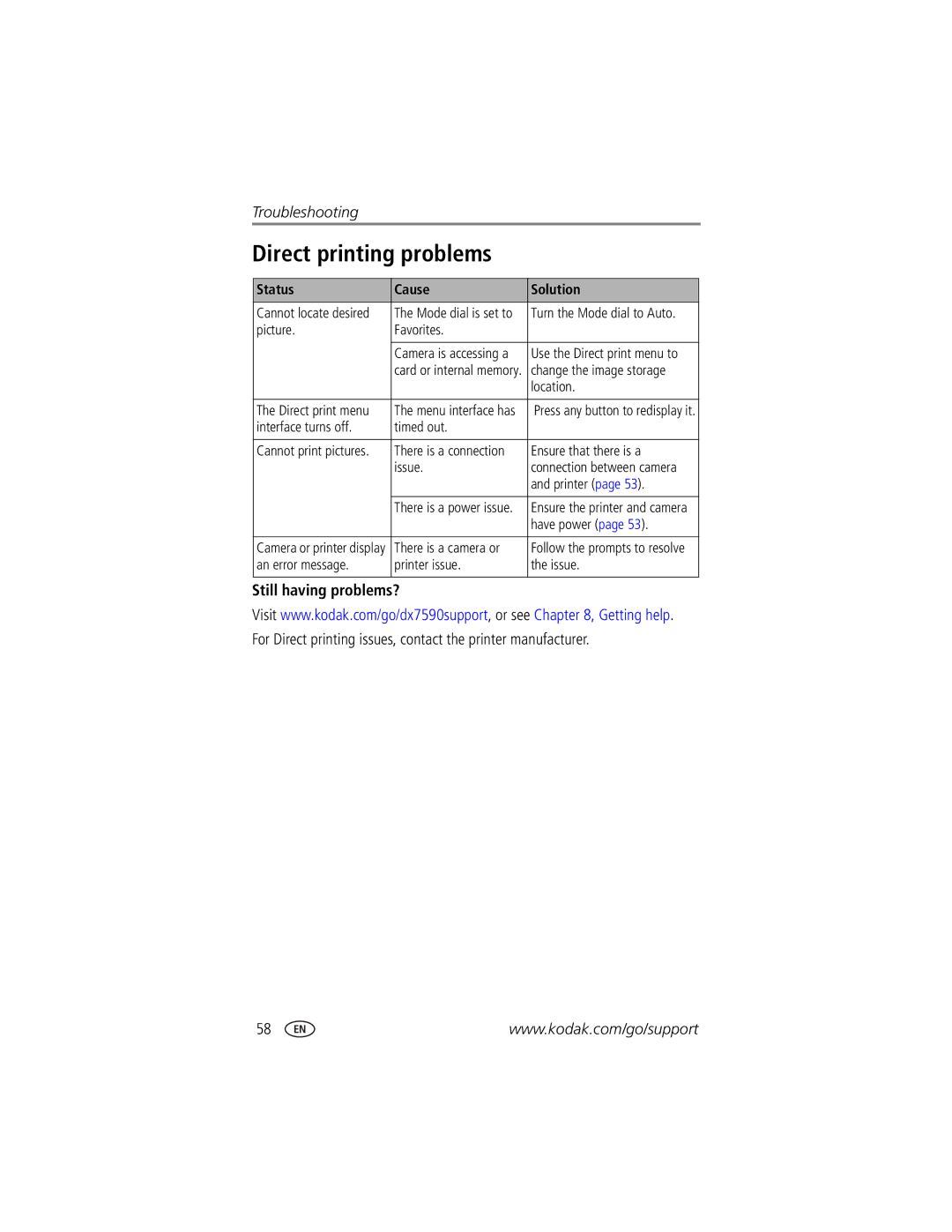 Kodak DX7590 manual Direct printing problems, Status Cause Solution 