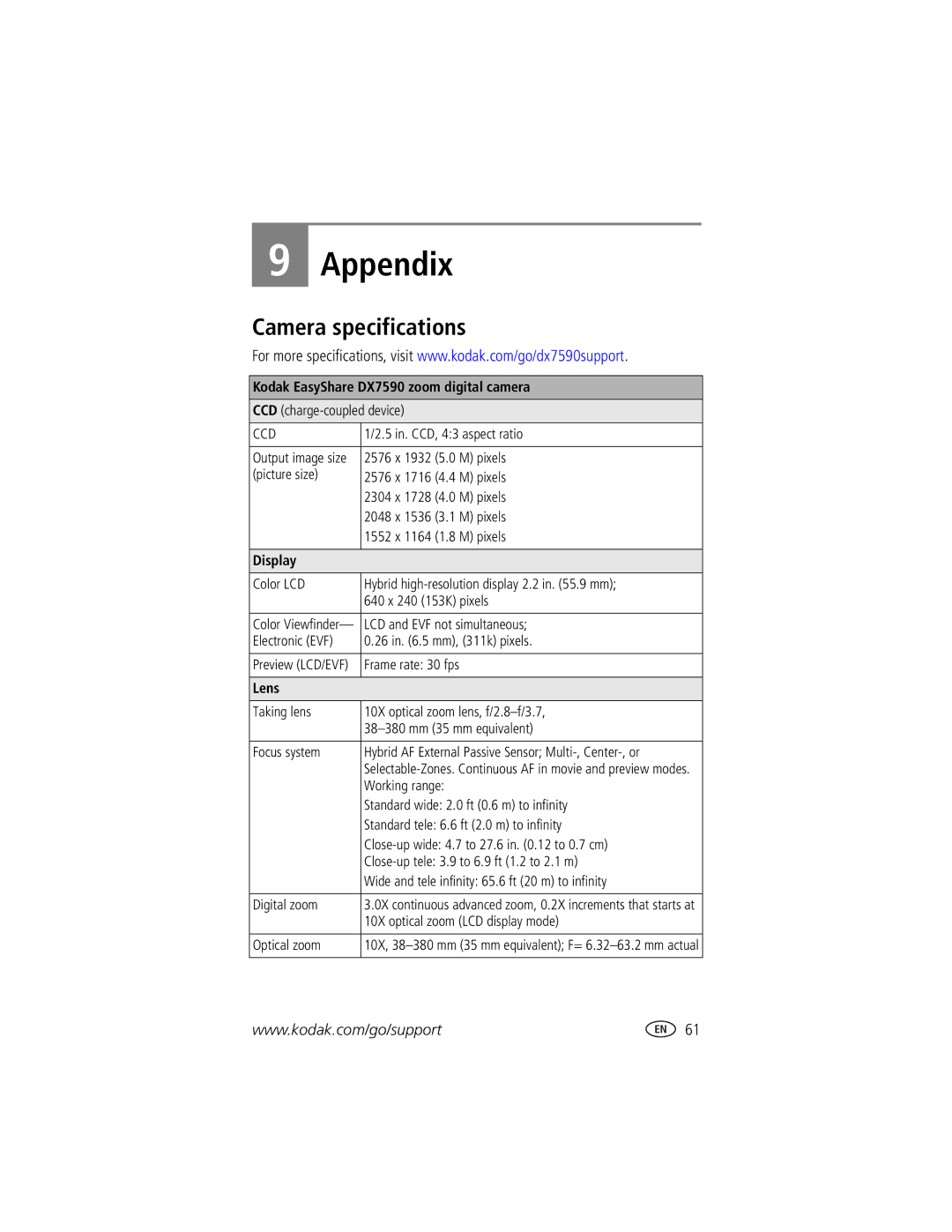 Kodak manual Appendix, Camera specifications, Kodak EasyShare DX7590 zoom digital camera, Display, Lens 