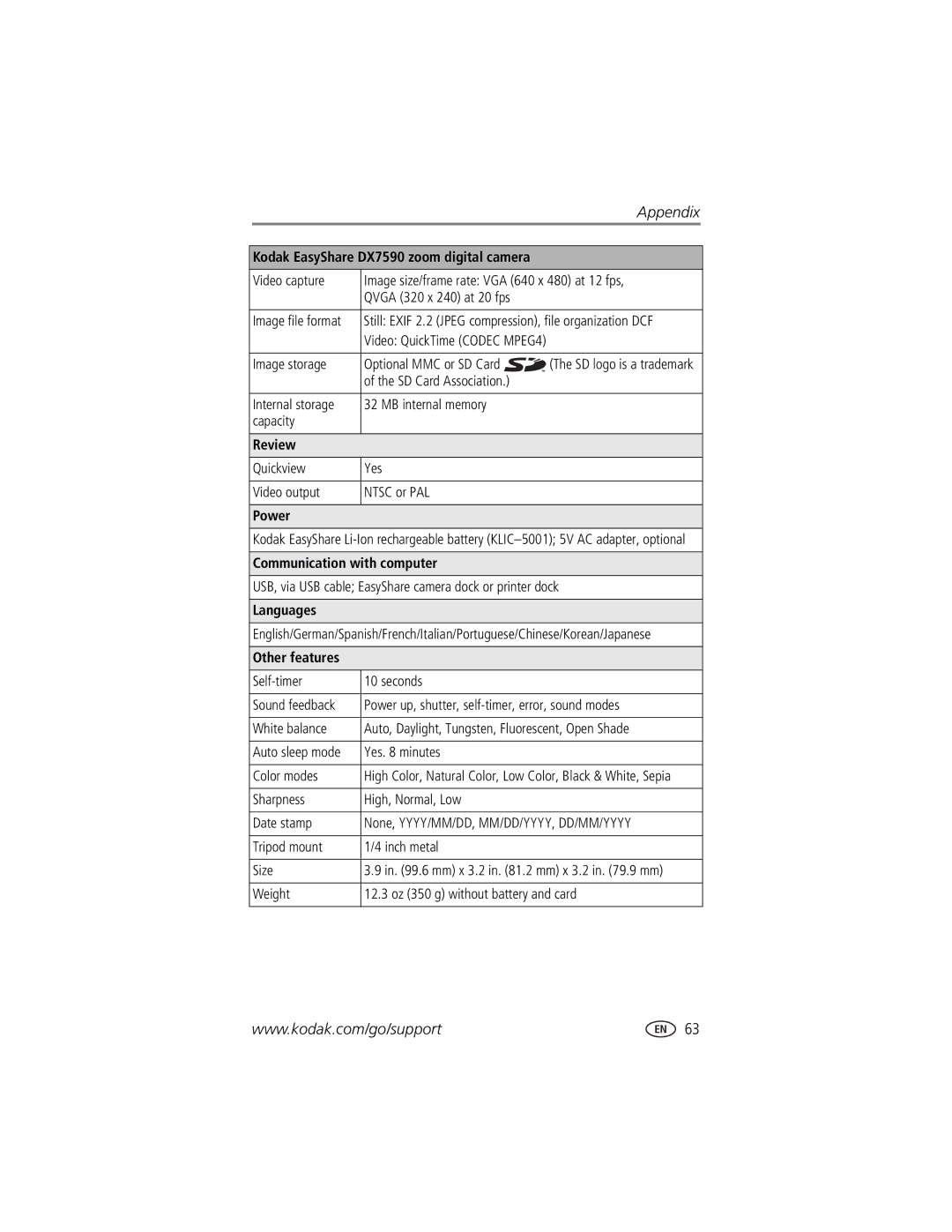 Kodak DX7590 manual Review, Power, Communication with computer, Languages, Other features 