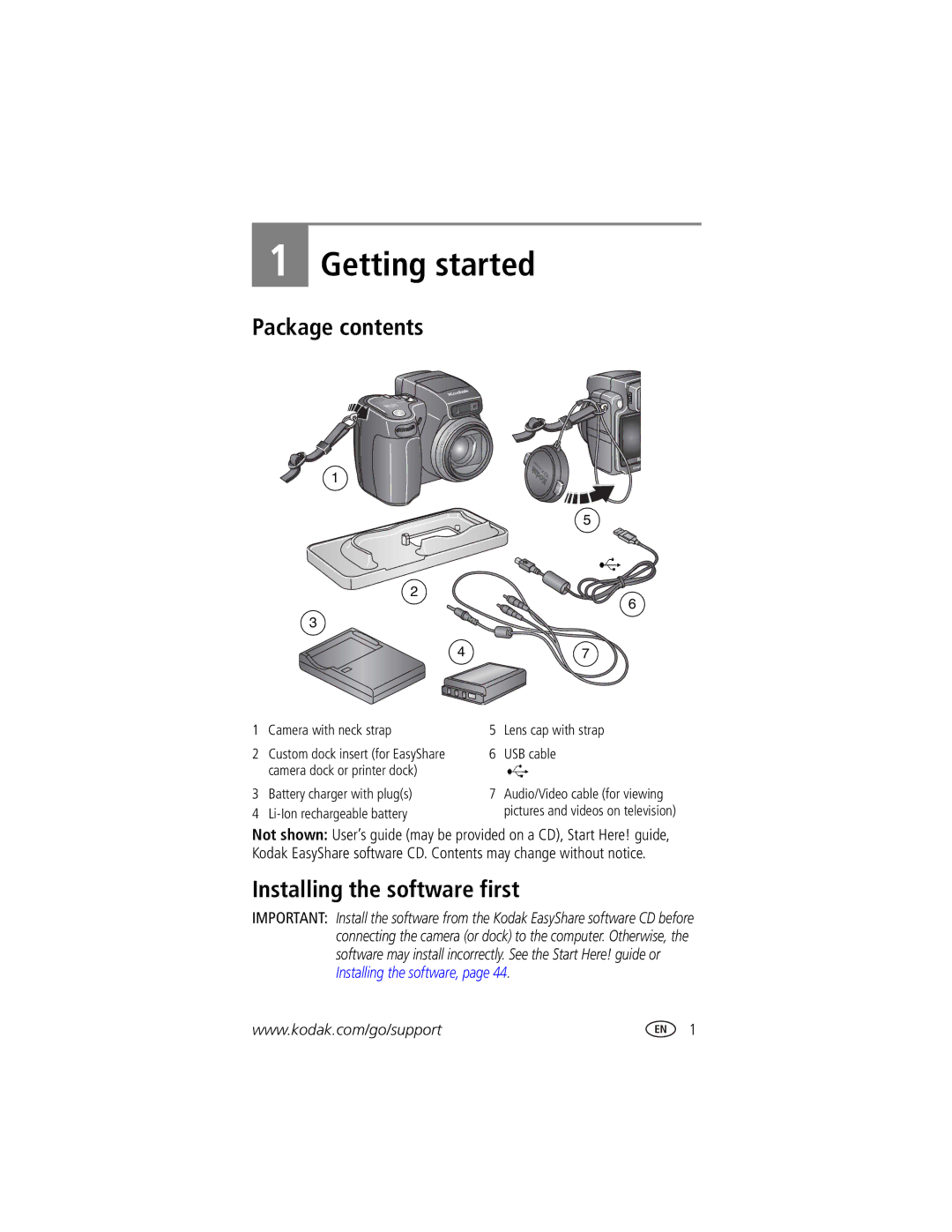 Kodak DX7590 manual Getting started, Package contents, Installing the software first 