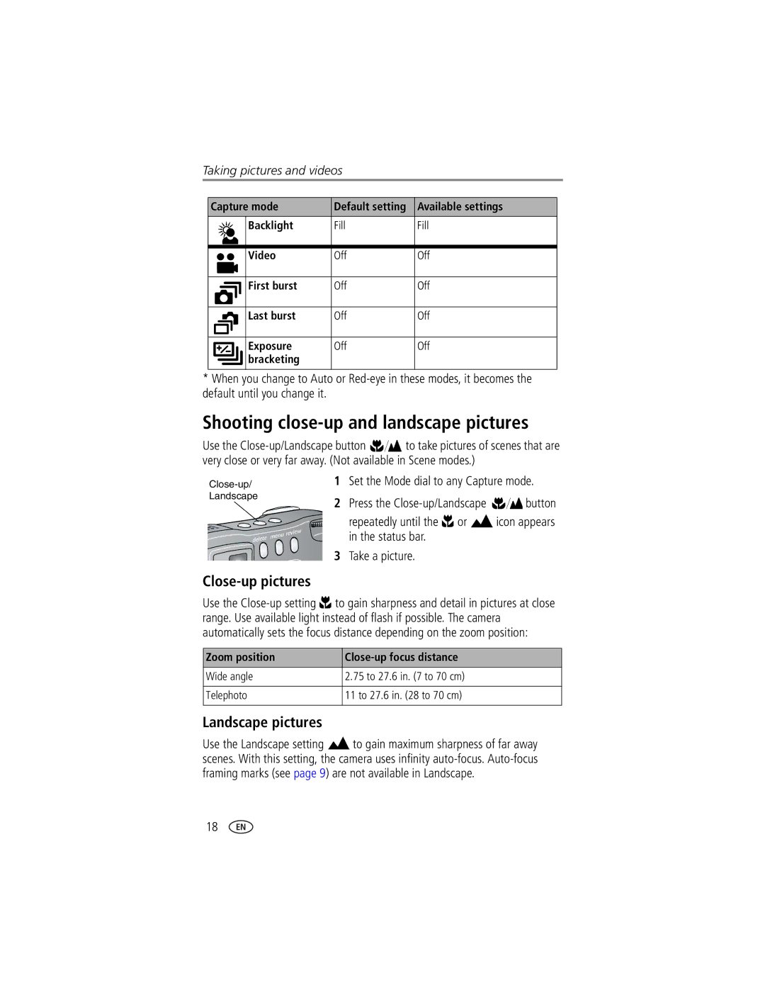 Kodak DX7630 manual Shooting close-up and landscape pictures, Close-up pictures, Landscape pictures 