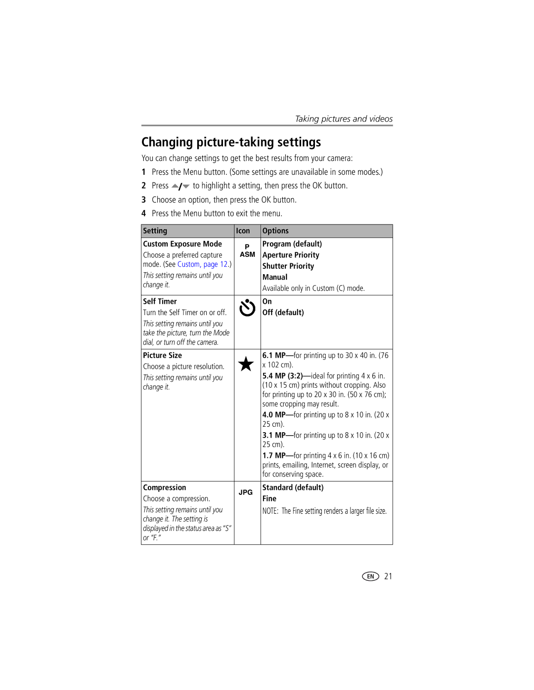 Kodak DX7630 manual Changing picture-taking settings 