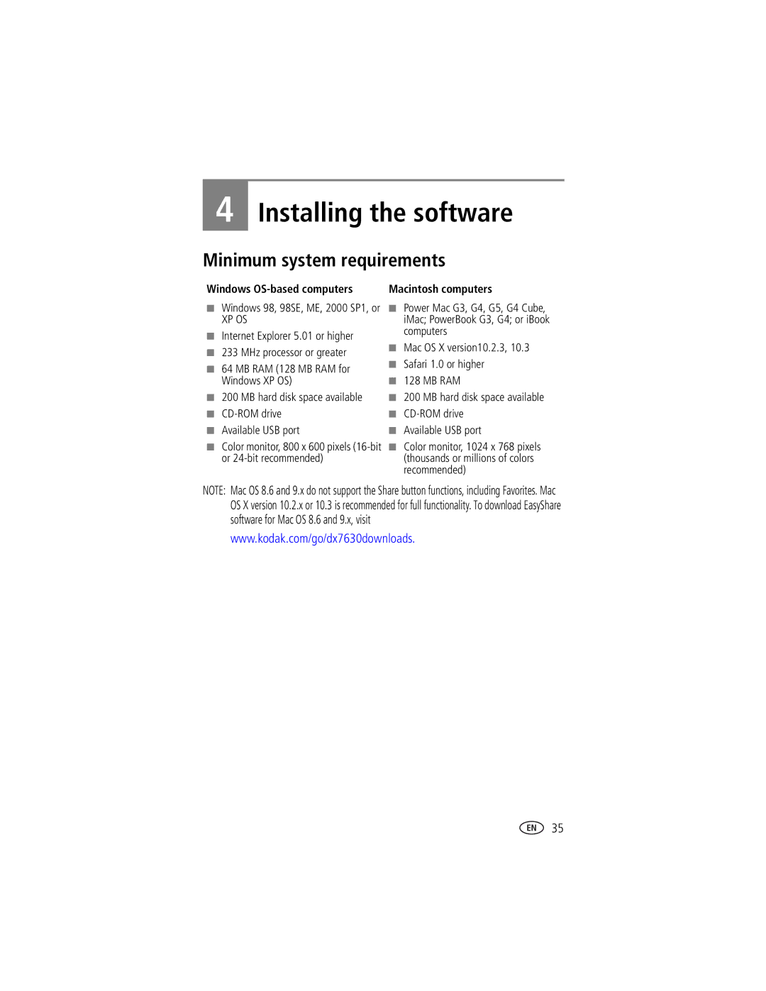 Kodak DX7630 manual Installing the software, Minimum system requirements, Windows OS-based computers 