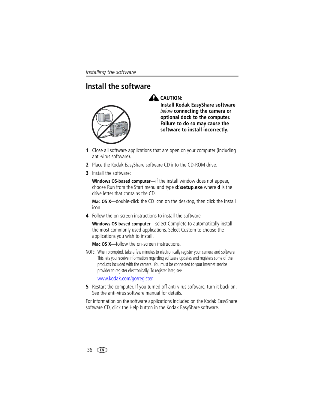 Kodak DX7630 manual Install the software, Mac OS X-follow the on-screen instructions 