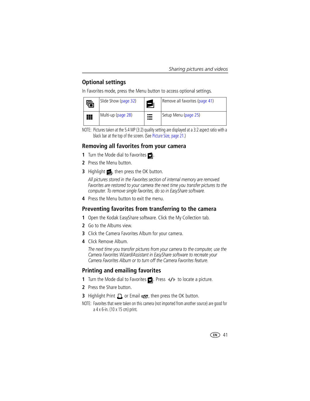 Kodak DX7630 manual Optional settings, Removing all favorites from your camera, Printing and emailing favorites 