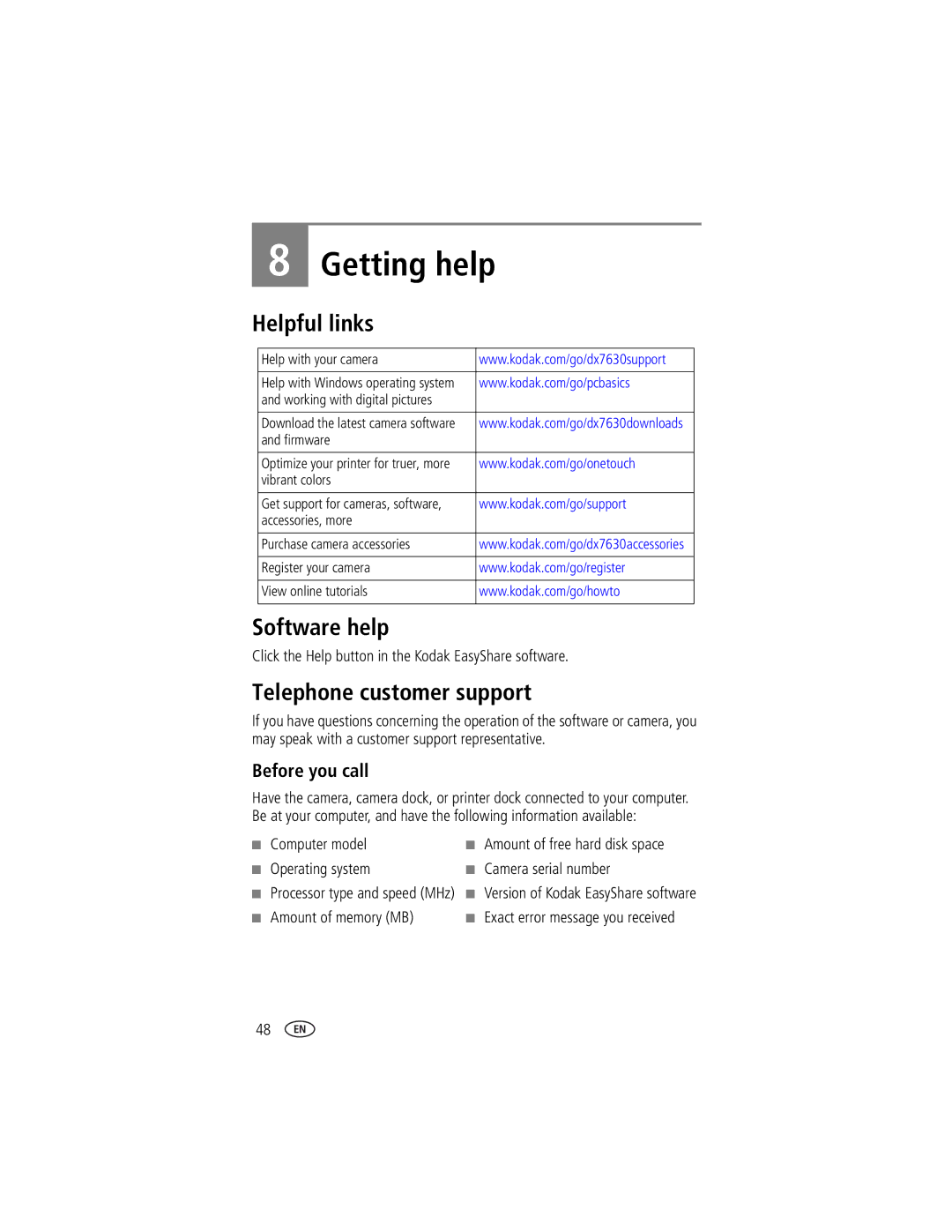 Kodak DX7630 manual Getting help, Helpful links, Software help, Telephone customer support, Before you call 