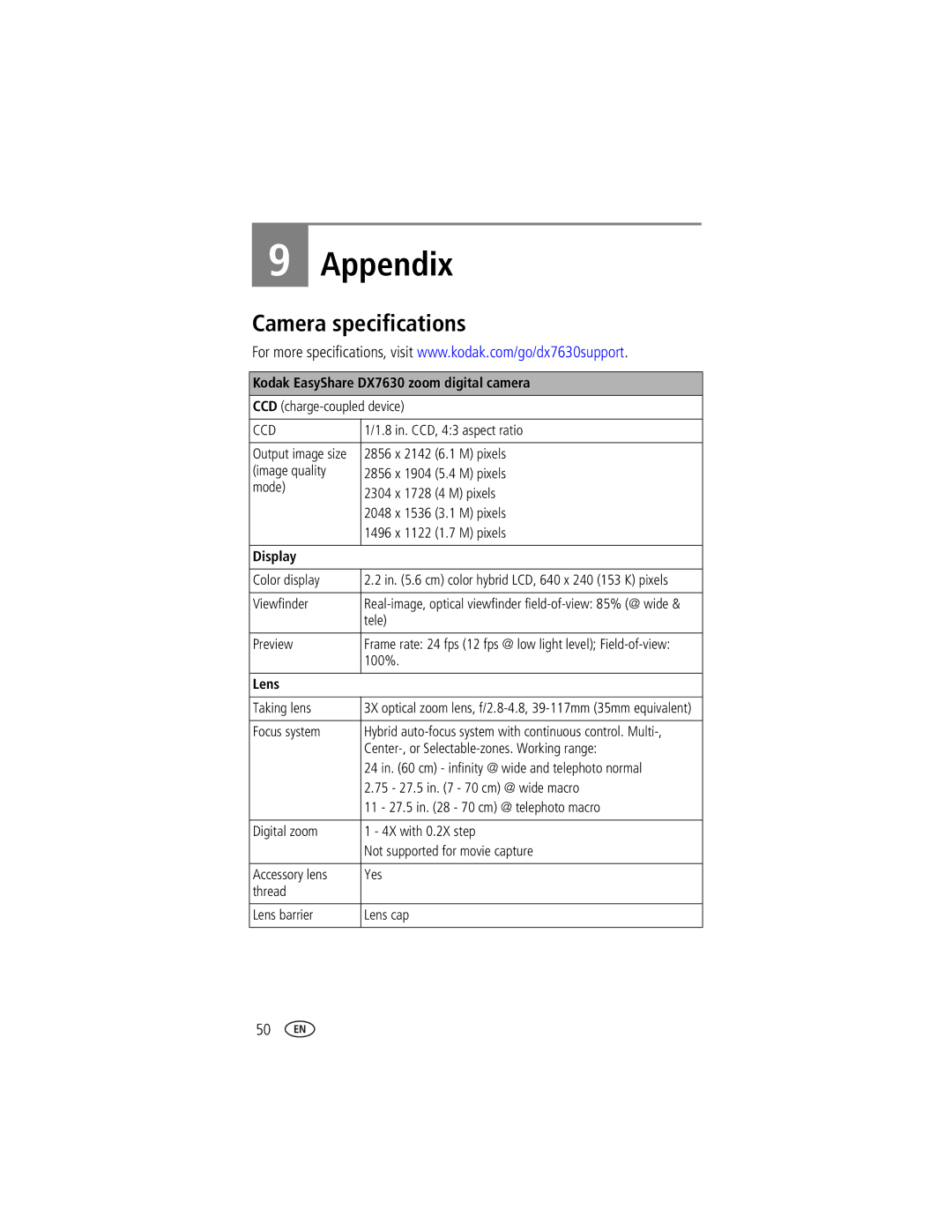 Kodak manual Appendix, Camera specifications, Kodak EasyShare DX7630 zoom digital camera, Display, Lens 