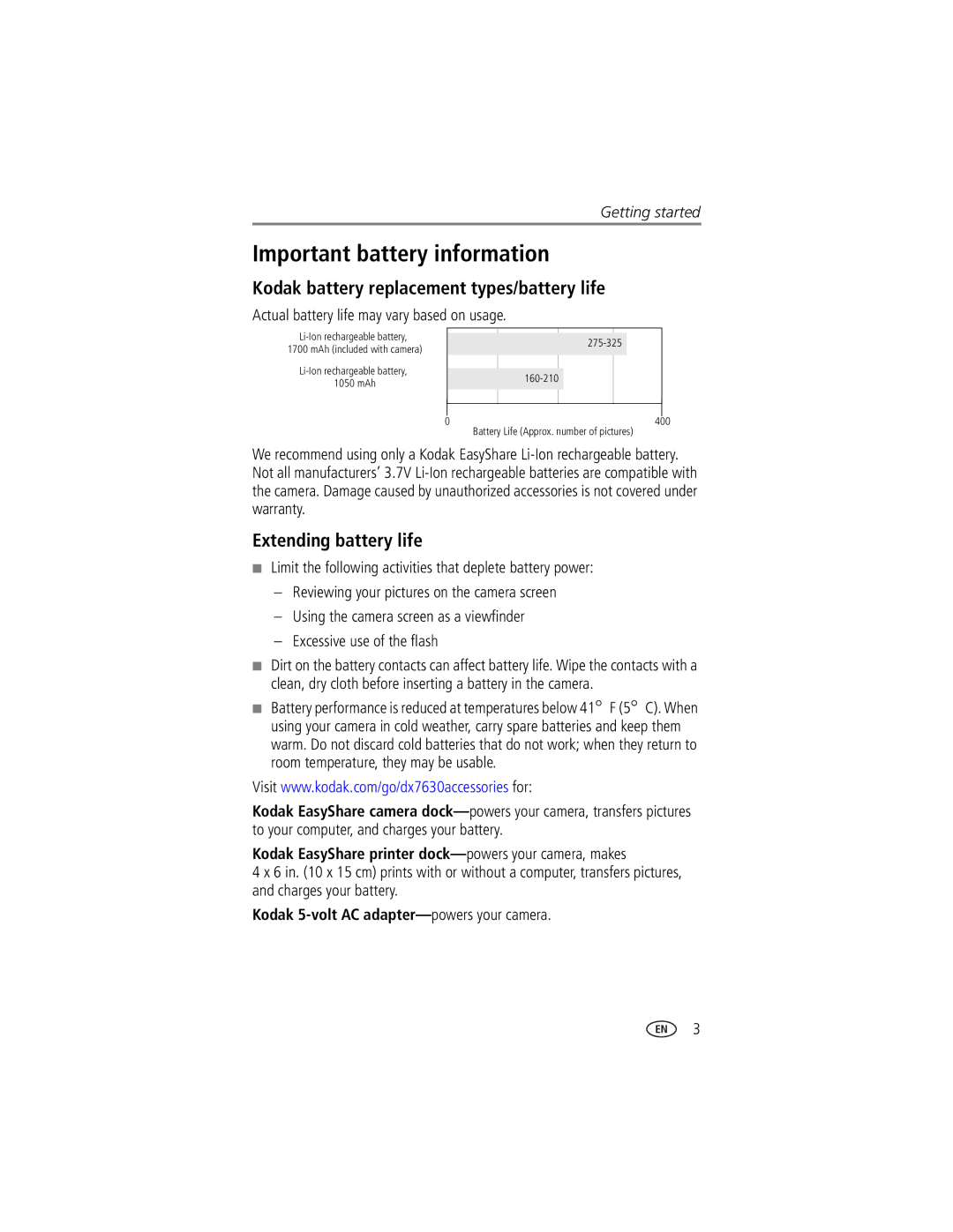 Kodak DX7630 manual Important battery information, Kodak battery replacement types/battery life, Extending battery life 