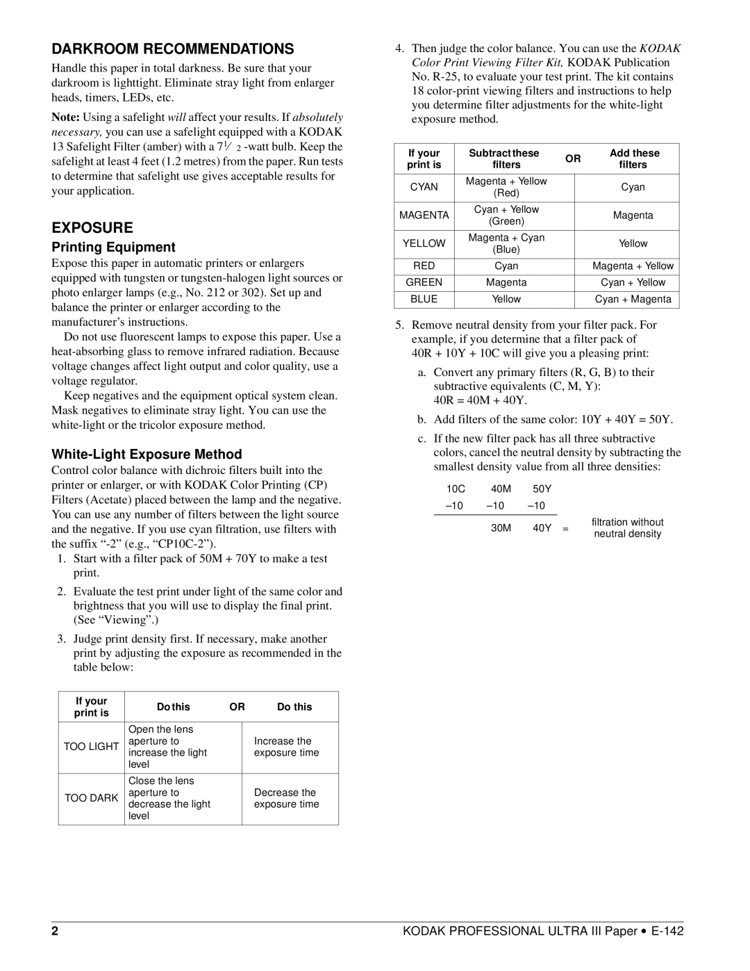 Kodak E-142 manual Darkroom Recommendations, Printing Equipment, White-Light Exposure Method 