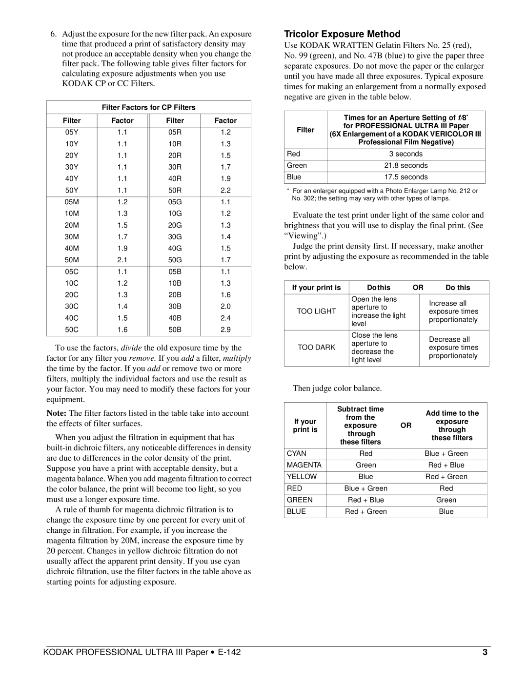 Kodak E-142 manual Tricolor Exposure Method 