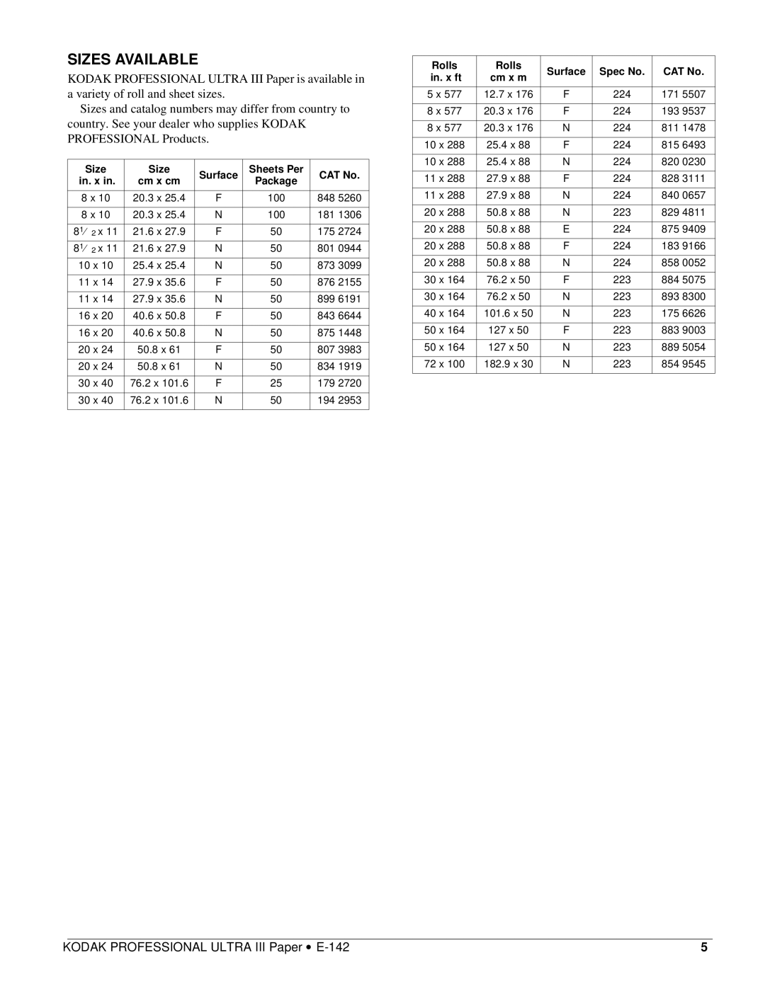 Kodak E-142 manual Sizes Available, Size Surface Sheets Per CAT No In. x, Rolls Surface Spec No CAT No In. x ft 