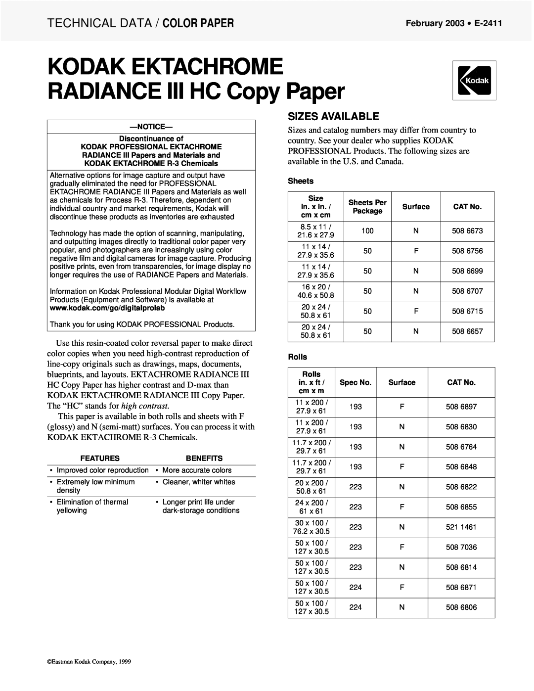 Kodak manual Sizes Available, February 2003 E-2411, KODAK EKTACHROME RADIANCE III HC Copy Paper 