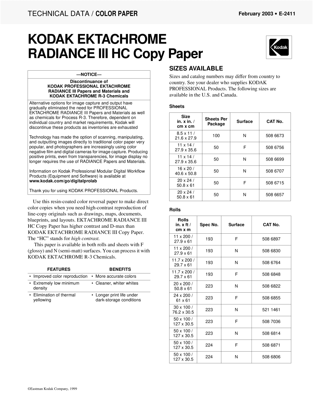 Kodak E-2411 manual Sizes Available, Sheets, Rolls 