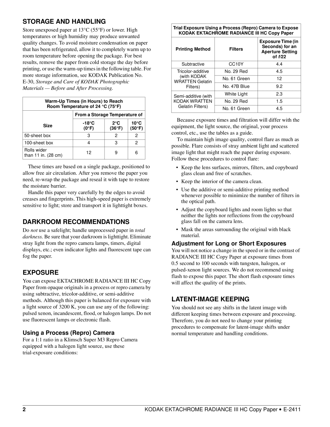 Kodak E-2411 manual Storage and Handling, Darkroom Recommendations, Exposure, LATENT-IMAGE Keeping 