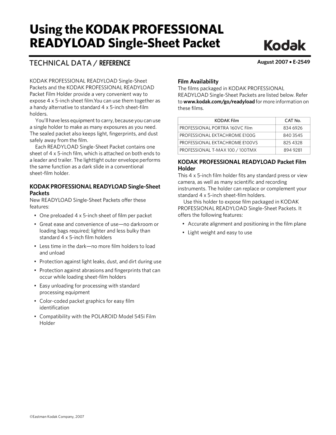 Kodak E-2549 manual Kodak Professional Readyload Single-Sheet Packets, Film Availability 