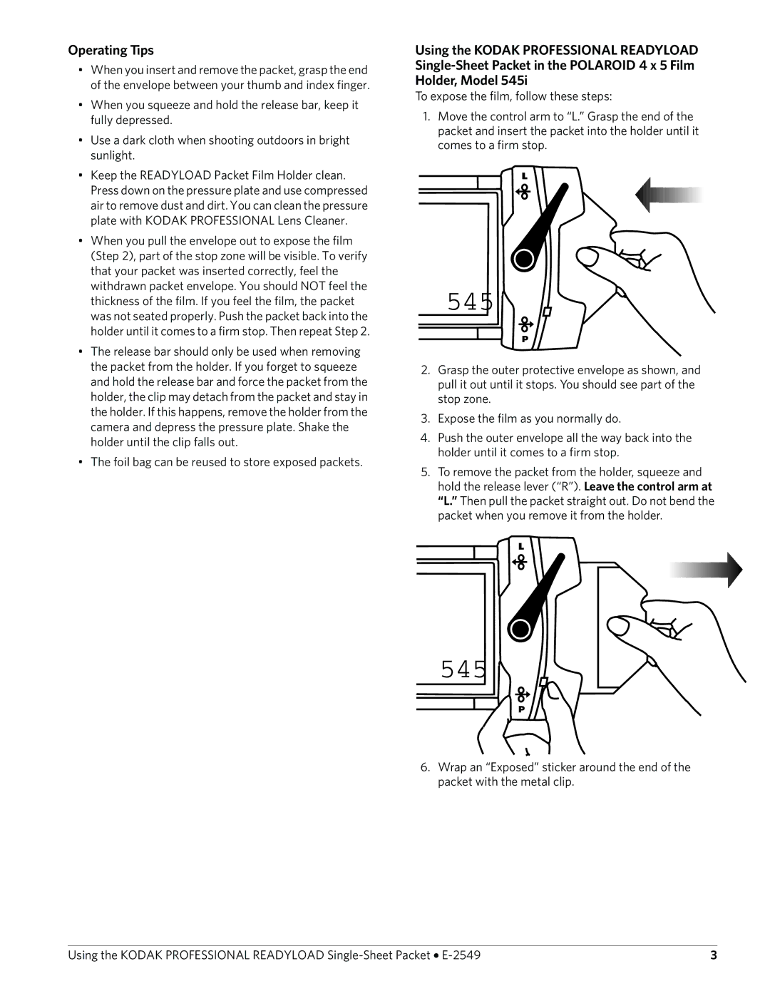 Kodak E-2549 manual 545, Operating Tips 