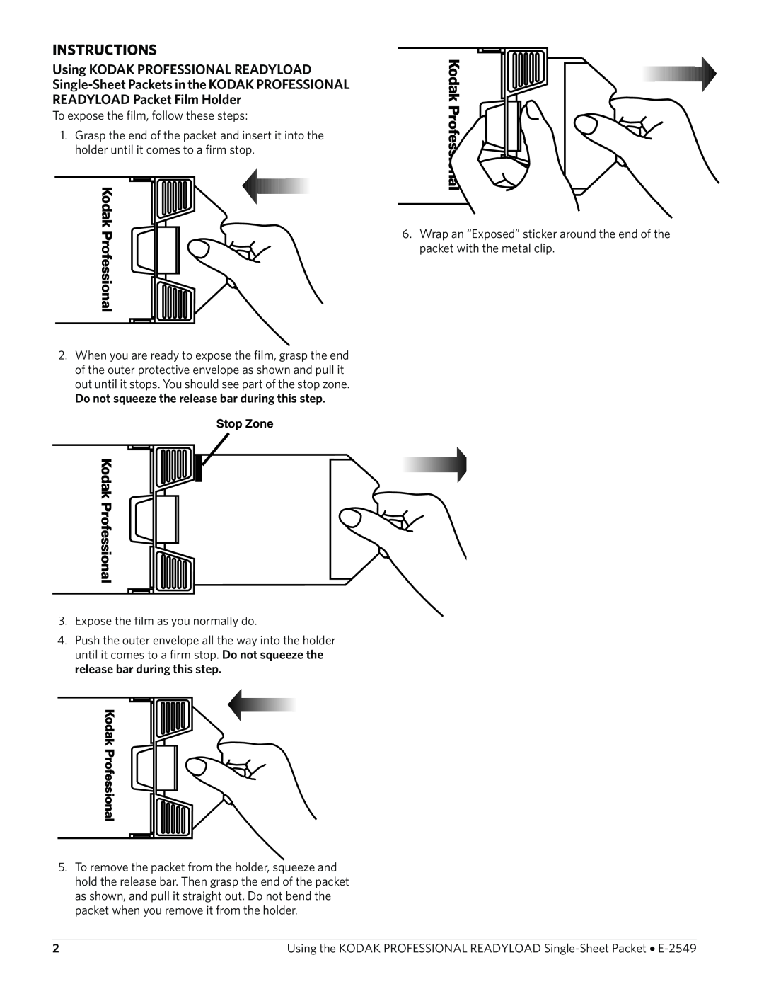 Kodak E-2549 manual Instructions, Using KODAK PROFESSIONAL READYLOAD, Single-Sheet Packets in the KODAK PROFESSIONAL 