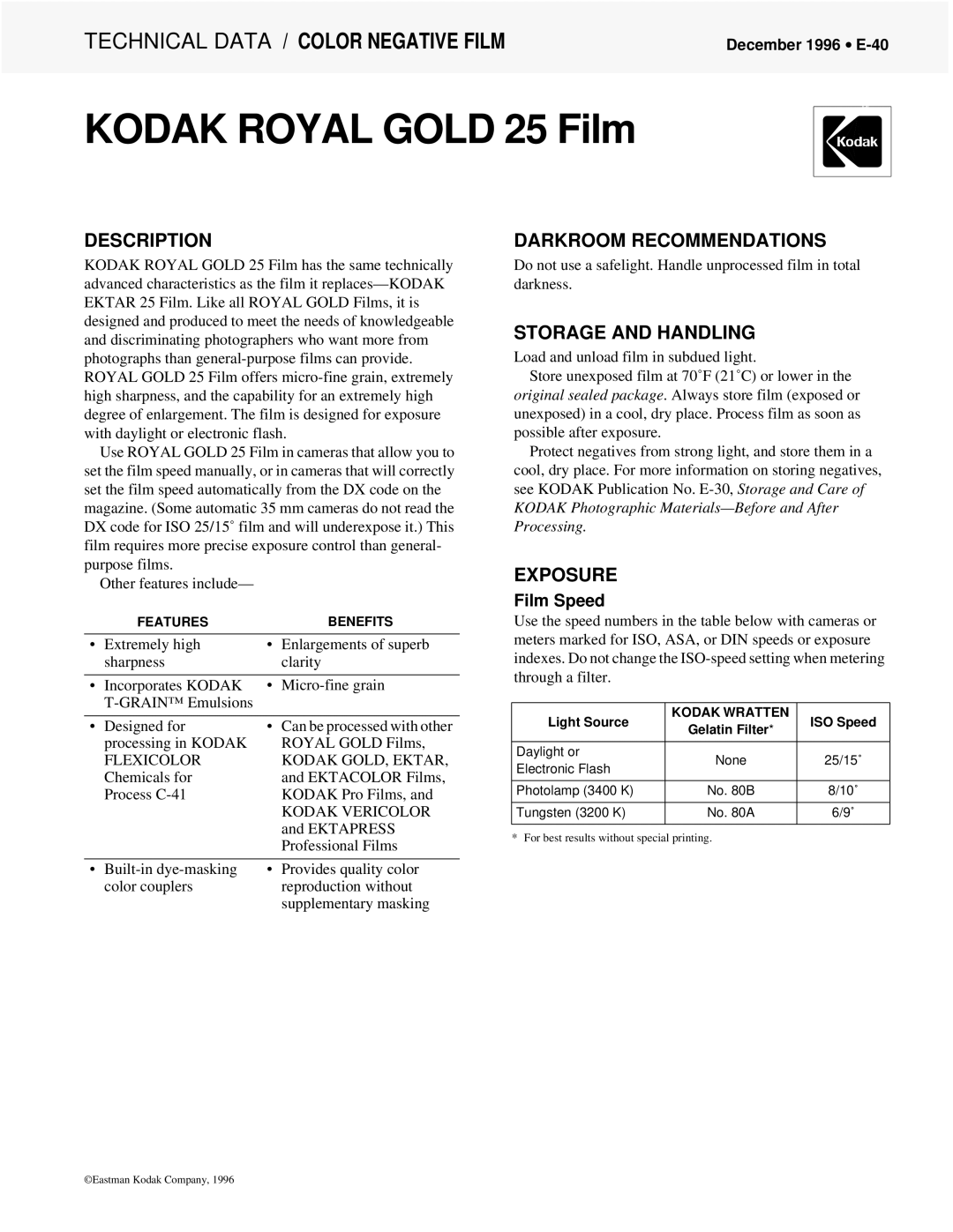 Kodak E-40 manual Description, Darkroom Recommendations, Storage and Handling, Exposure, Film Speed 