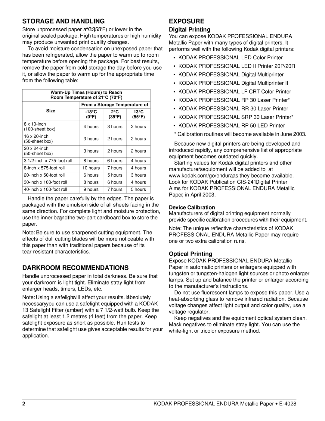 Kodak E-4028 manual Storage and Handling, Darkroom Recommendations, Exposure, Digital Printing, Optical Printing 