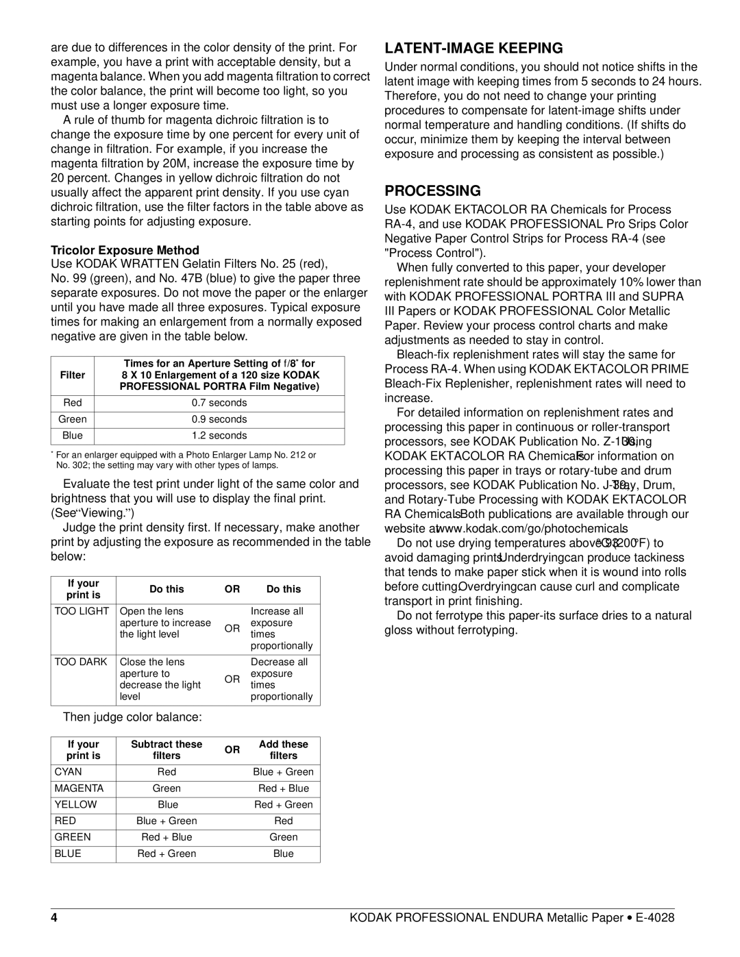 Kodak E-4028 manual LATENT-IMAGE Keeping, Processing, Tricolor Exposure Method, Then judge color balance 