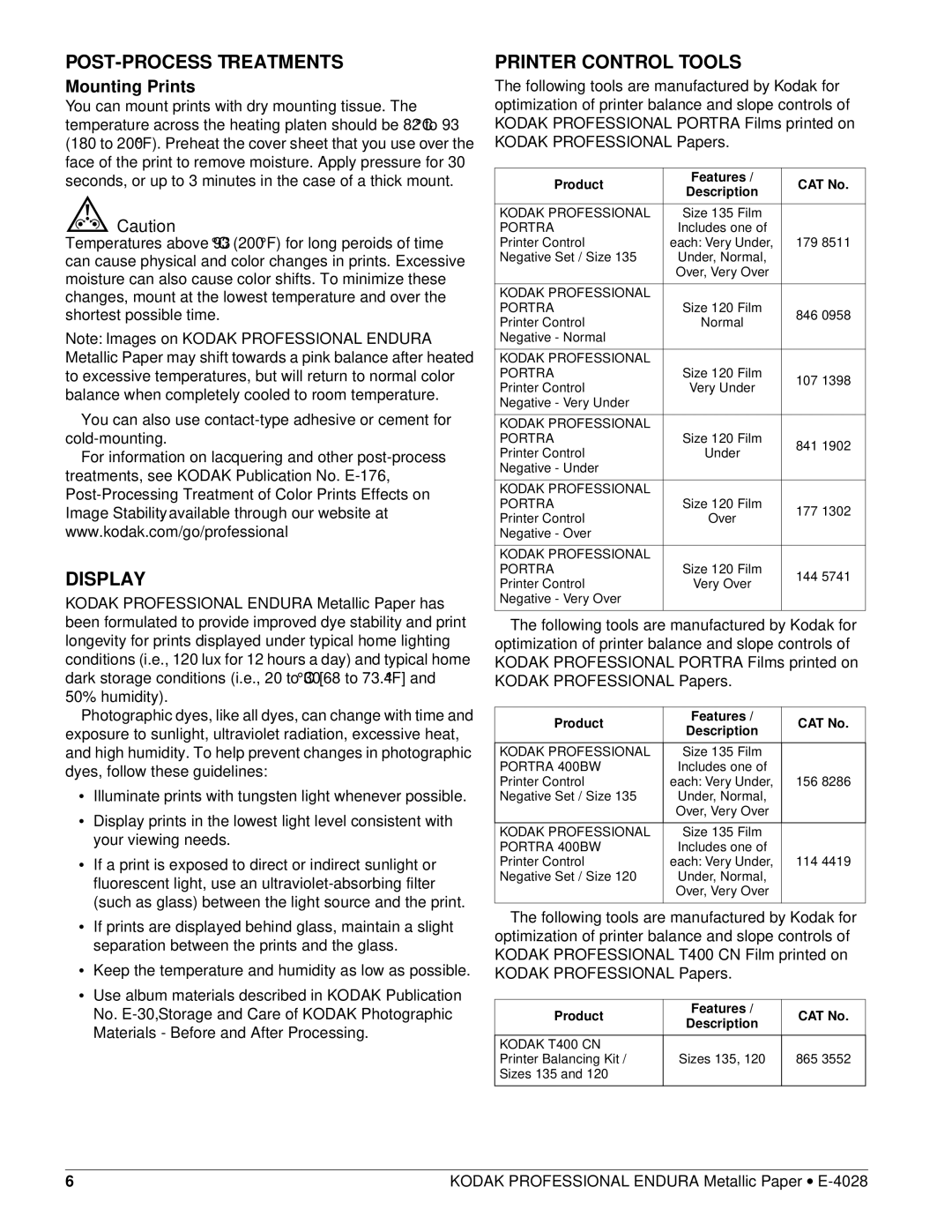 Kodak E-4028 manual POST-PROCESS Treatments, Display, Printer Control Tools, Mounting Prints, Product Features CAT No 