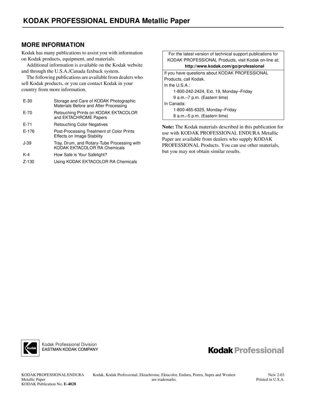 Kodak E-4028 manual Kodak Professional Endura Metallic Paper, More Information 