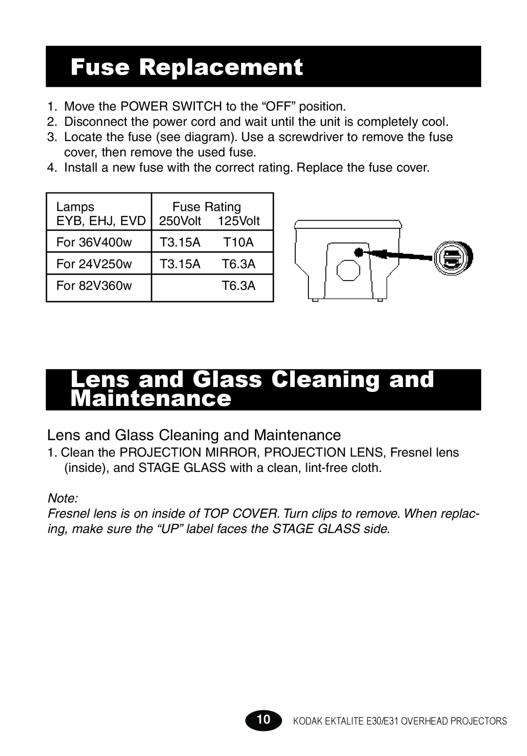 Kodak E30 manual Fuse Replacement, Lens and Glass Cleaning and Maintenance 