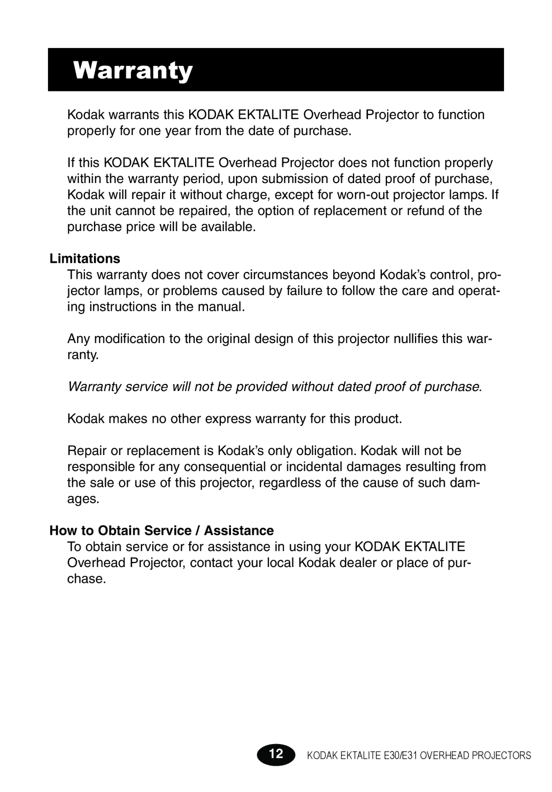 Kodak E30 manual Warranty, Limitations 