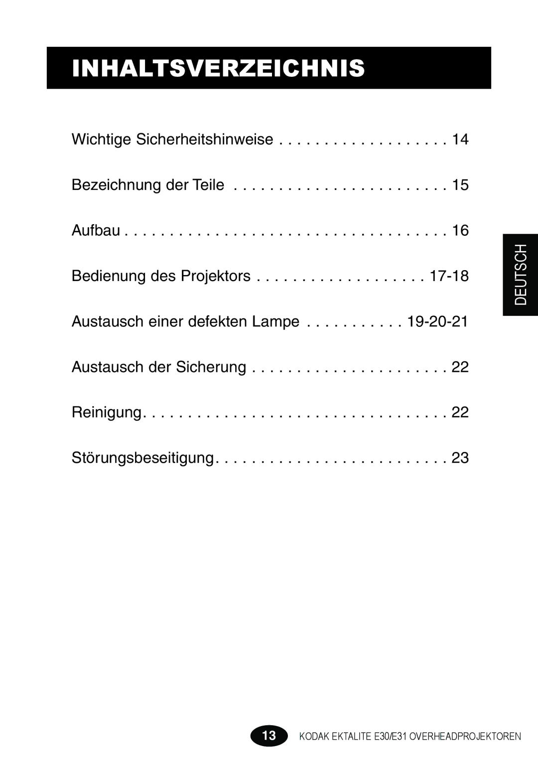 Kodak E30 manual Inhaltsverzeichnis 