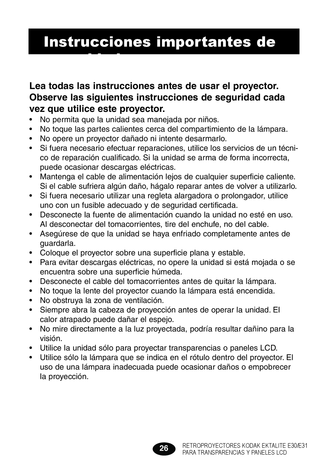 Kodak E30 manual Instrucciones importantes de seguridad 