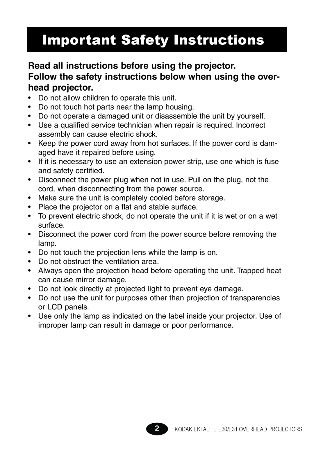 Kodak E30 manual Important Safety Instructions 