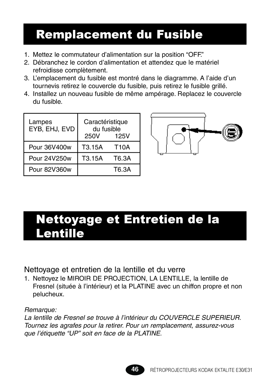 Kodak E30 manual Remplacement du Fusible, Nettoyage et Entretien de la Lentille Et du Verre 