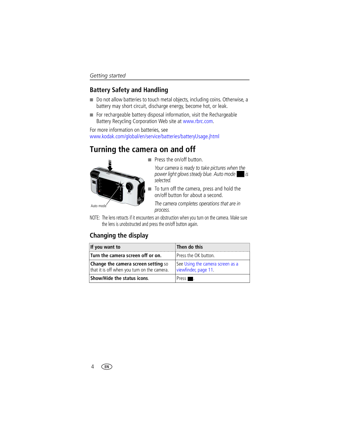 Kodak EasyShare LS743 manual Turning the camera on and off, Battery Safety and Handling, Changing the display 