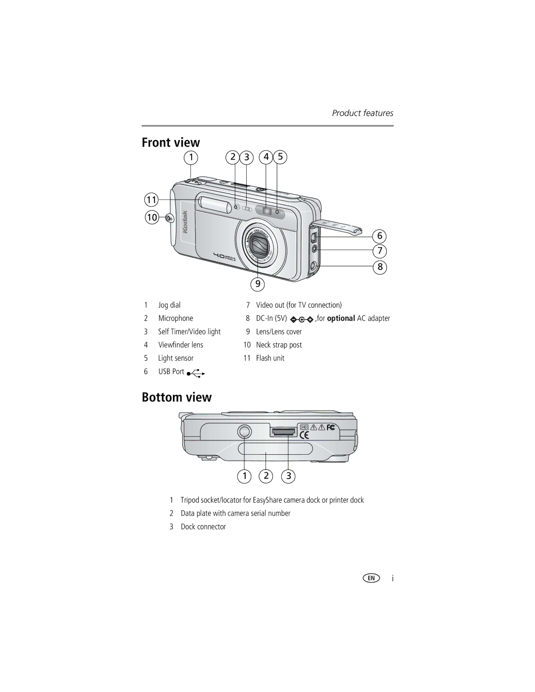 Kodak EasyShare LS743 manual Front view, Bottom view, 3 4, Jog dial Video out for TV connection Microphone 