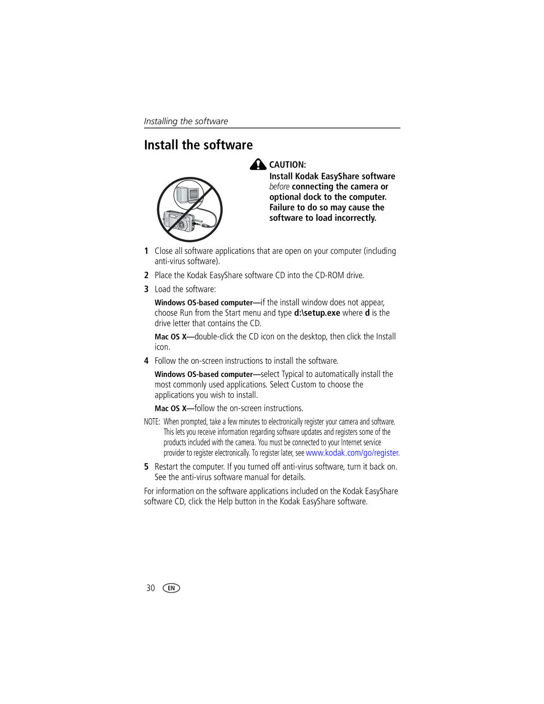 Kodak EasyShare LS743 manual Install the software, Mac OS X-follow the on-screen instructions 