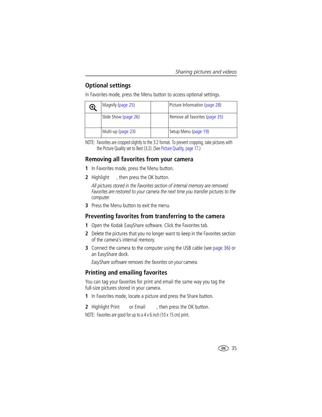 Kodak EasyShare LS743 manual Optional settings, Removing all favorites from your camera, Printing and emailing favorites 